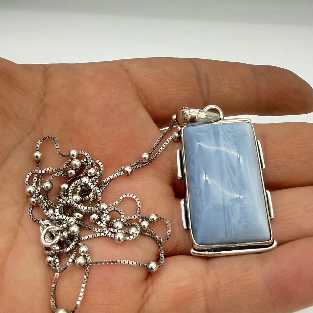 Vtg 925 Sterling Silver Blue Lace Agate Pendant Necklace Box Ball İtaly Chain 26